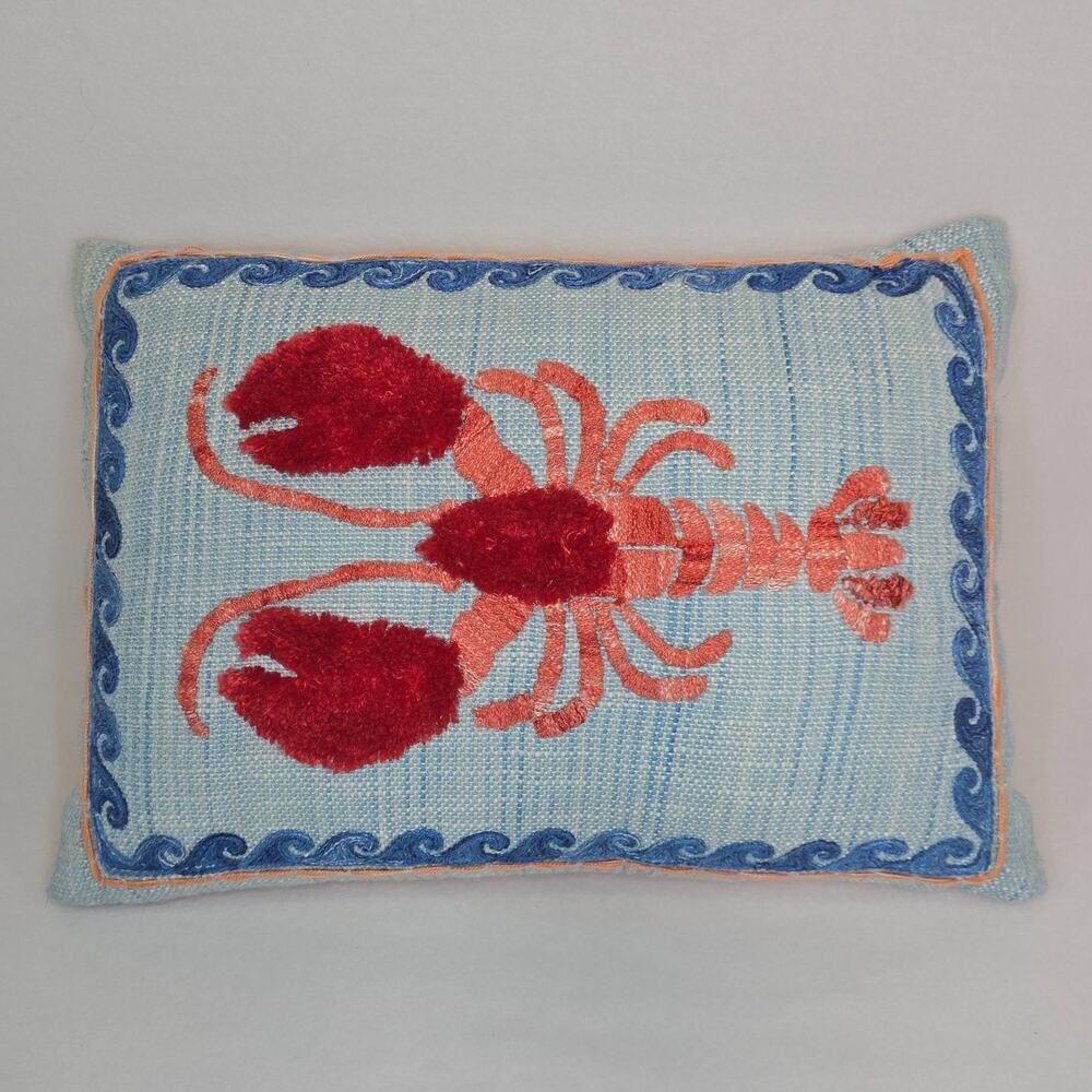 World Market Lobster Throw Pillow 14x20 Coastal Nautical Embroidered Blue